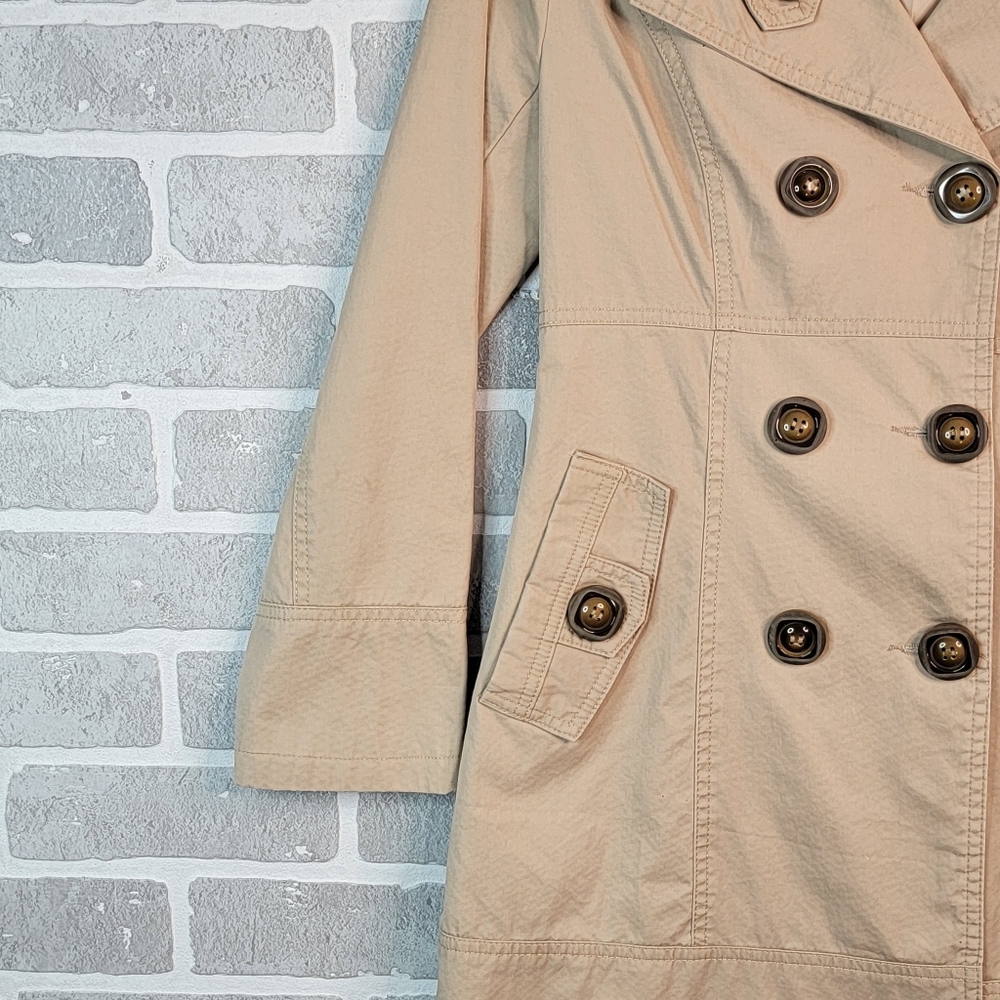 Form Fitting Mid Length Shorter Faux Double Brested Trench Coat Women's Unsized - Picture 3 of 14